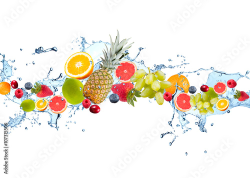 Fresh fruits falling in water splash, isolated on white background
