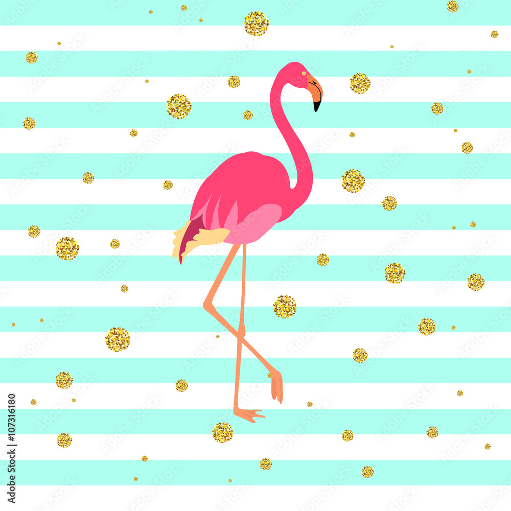 Obraz premium Ilustracja wektorowa różowego flaminga na zielonym i niebieskim tle w paski ze złotymi kropkami. Egzotyczny ptak wykonany w stylu płaski. Płaski symbol ptaka flamingo. Ikona Flamingo. Koncepcja dzikiej przyrody.