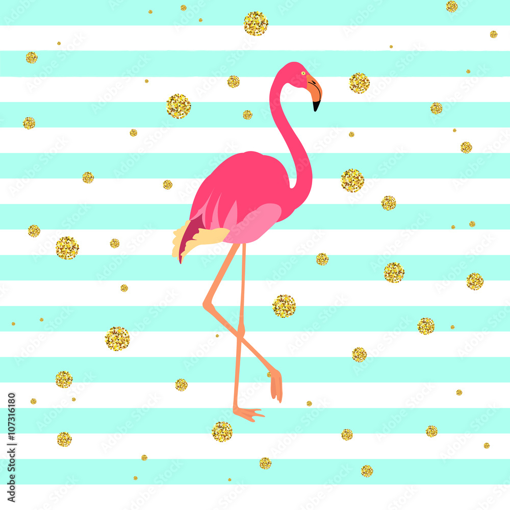 Fototapeta premium Ilustracja wektorowa różowego flaminga na zielonym i niebieskim tle w paski ze złotymi kropkami. Egzotyczny ptak wykonany w stylu płaski. Płaski symbol ptaka flamingo. Ikona Flamingo. Koncepcja dzikiej przyrody.