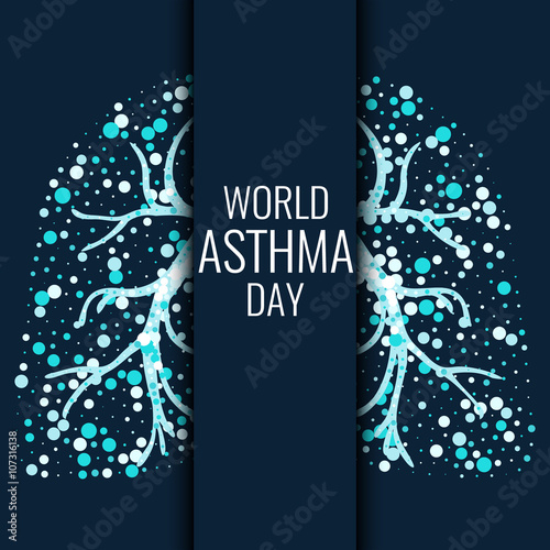 World Asthma Day. Asthma awareness poster with lungs filled with air bubbles on dark background. Bronchial asthma symbol. National asthma day. Asthma solidarity day. Lungs banner.