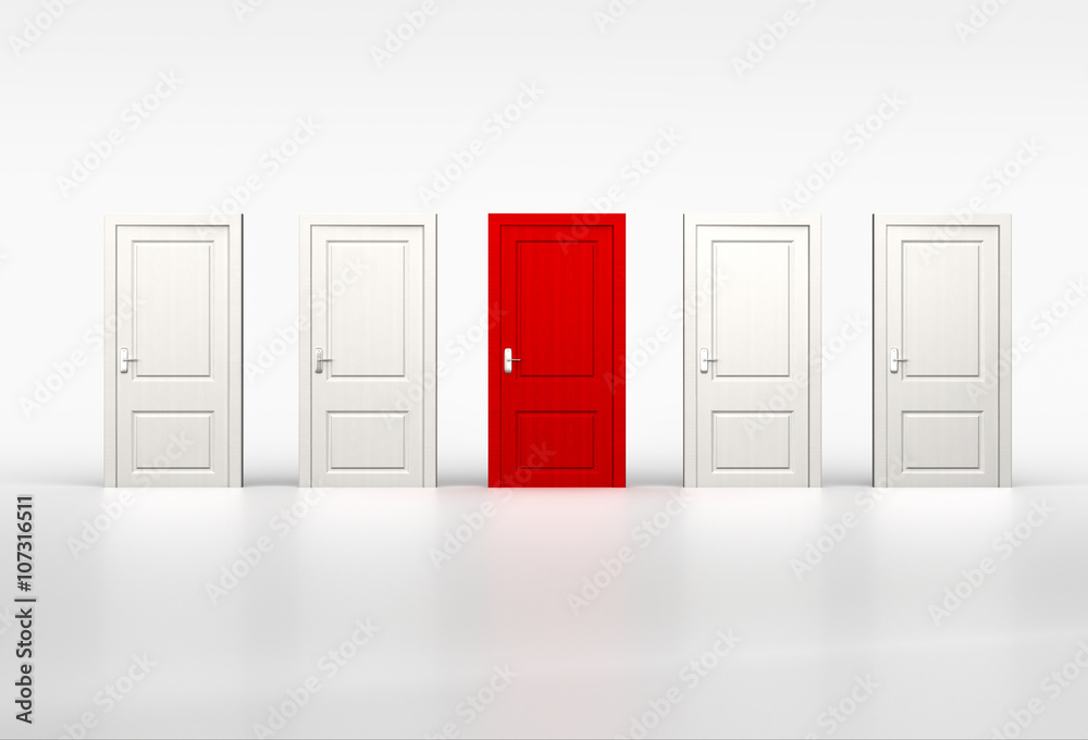 Concept of individuality and opportunity. Red door in row of whi Concept of individuality and opportunity. Red door in row of whi