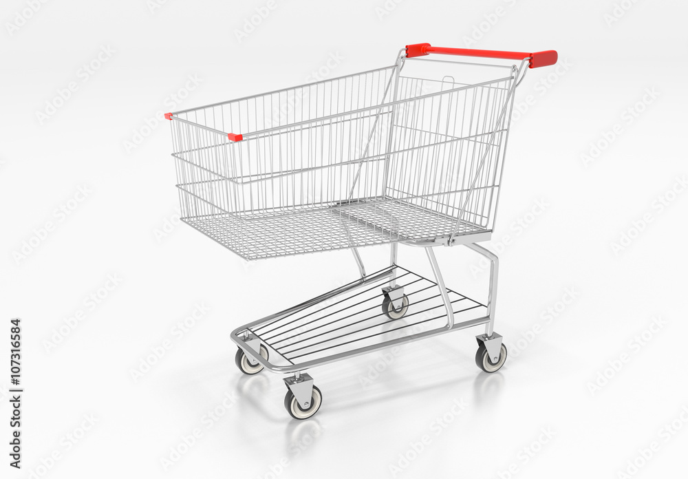 Shopping cart with red handle on white background. 3d render Shopping cart with red handle on white background. 3d render