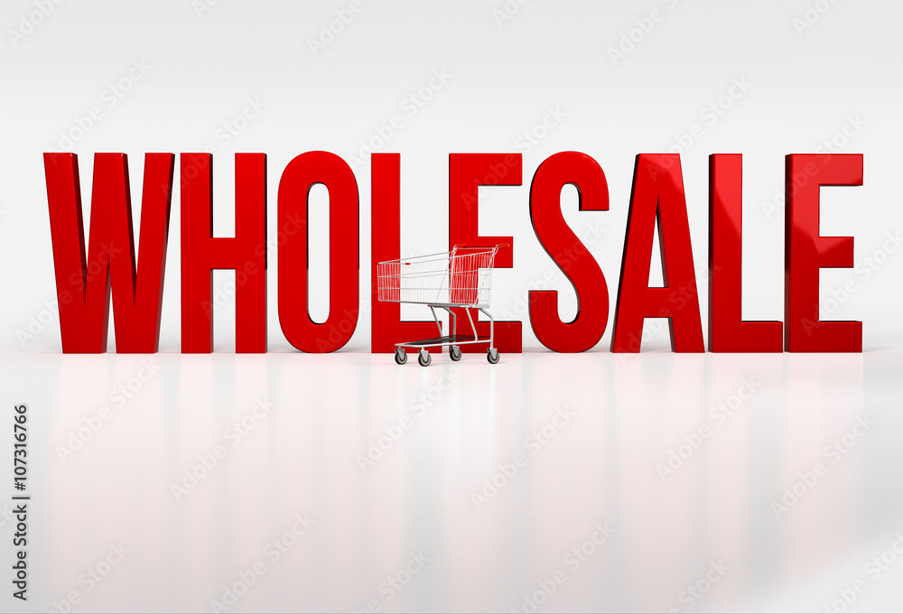 Big red word wholesale on white background next to shopping cart Big red word wholesale on white background next to shopping cart