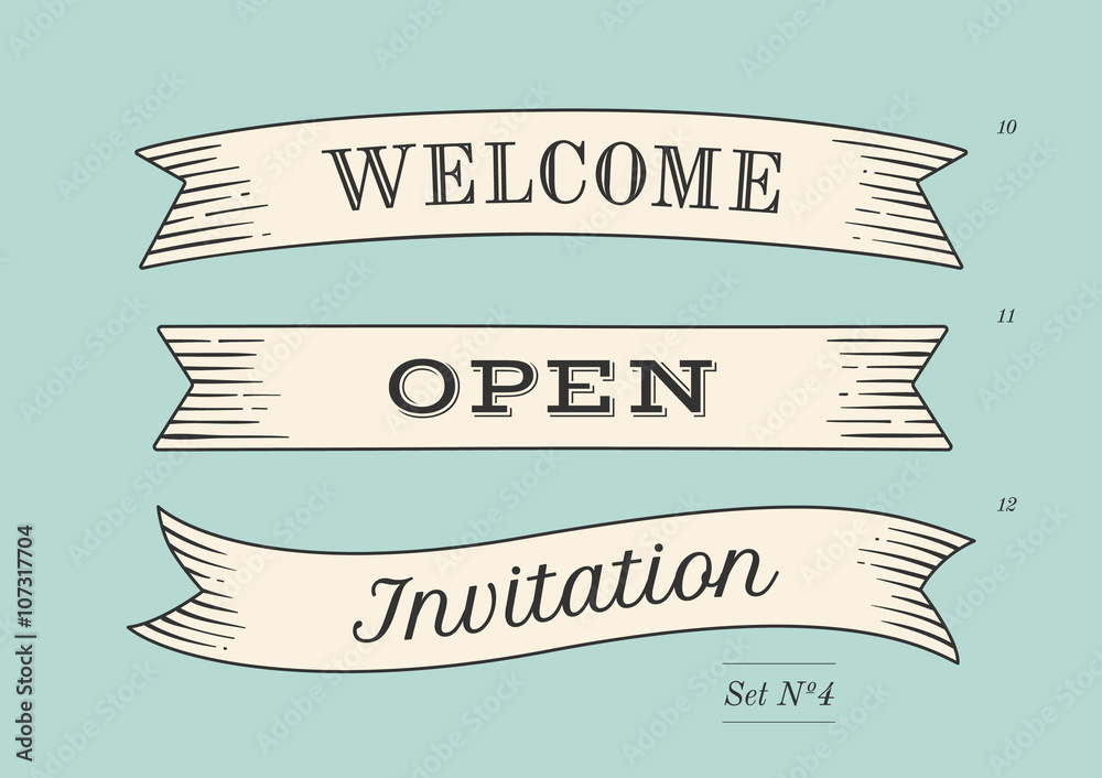 Set of old vintage ribbon banners and drawing in engraving style with word Welcome, Open and Invitation. Hand drawn design element. Vector Illustration