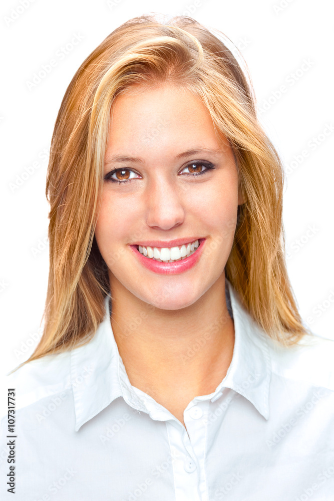 beautiful blonde smiling girl with white shirt isolated on white