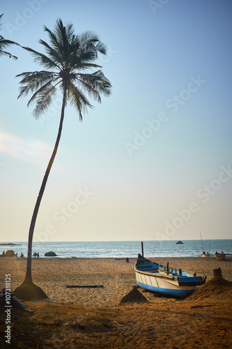Sunset on a tropical beach with a boat © ZoomTeam