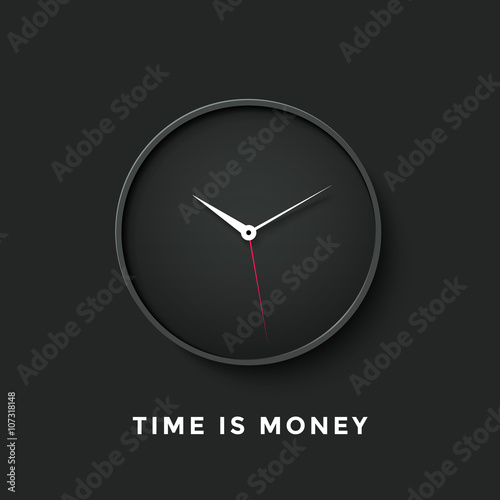 Icon of black clock face with shadow and message Time is Money on dark wall background. Vector Illustration