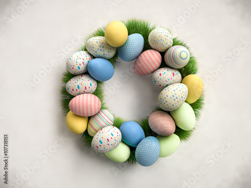 Easter wreath made of colorful eggs and green grass. Realistic 3