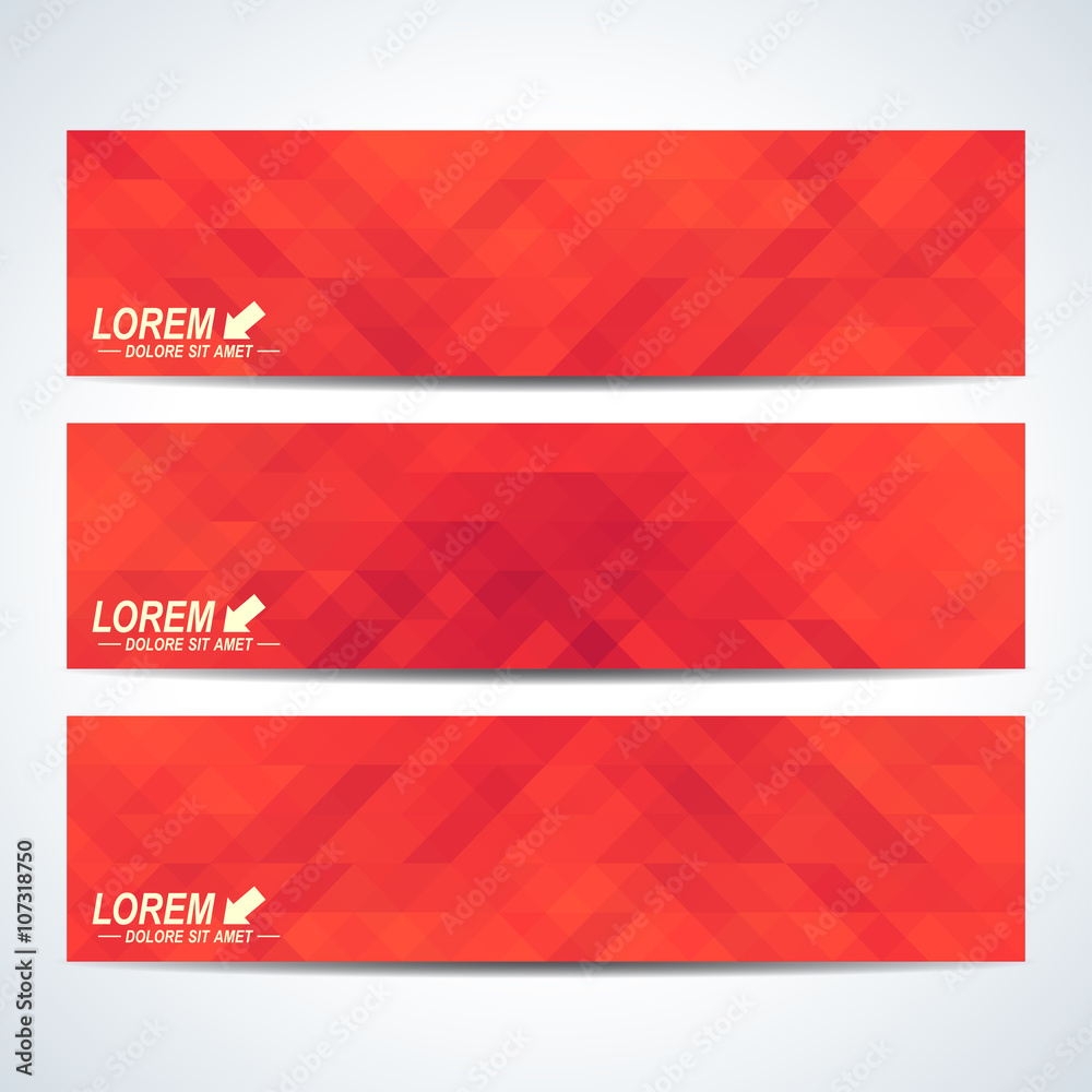 Red set of vector banners. Background with red triangles. Web banners card, vip, certificate, gift, voucher. Modern business stylish design