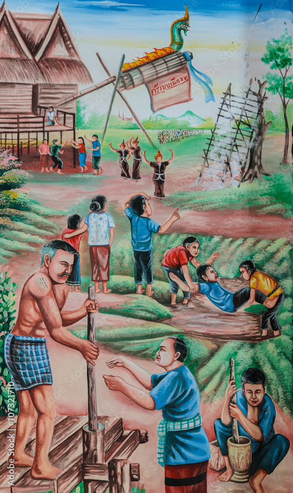 Fototapeta premium Native Thai mural painting of Rocket festival