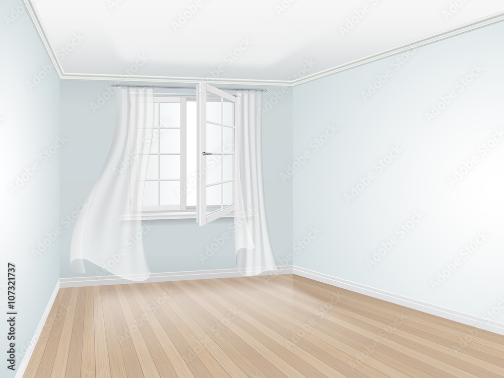 Fototapeta premium Empty room with blue wall and open window. Window decorated with transparent curtains. Vector interior perspective.