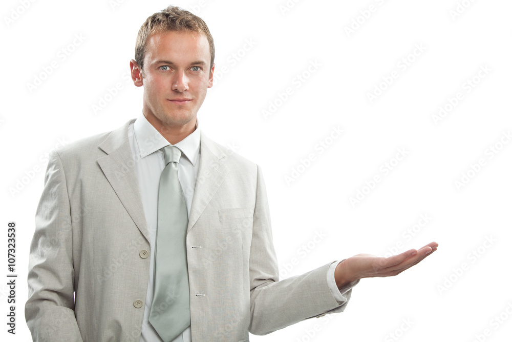 handsome blond businessman show product isolated on white handsome blond businessman show product isolated on white