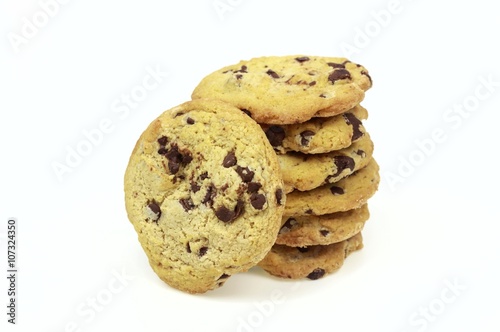 Chocolate chip cookies, on white background.