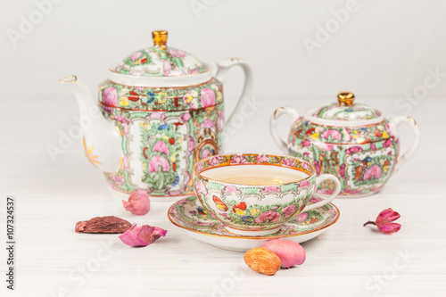 Tea and porcelain set on the table