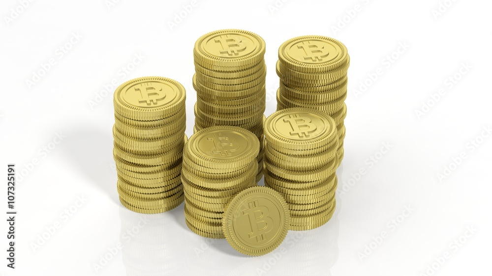 3D rendering of golden Bitcoin stacks, on white background. 3D rendering of golden Bitcoin stacks, on white background.