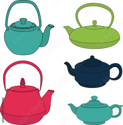 Vector set of color silhouette teapot icons