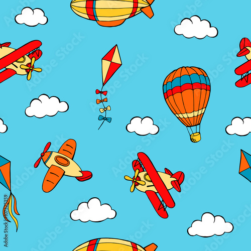 Flying airplane balloon airship kite cloud graphic art color seamless pattern illustration vector