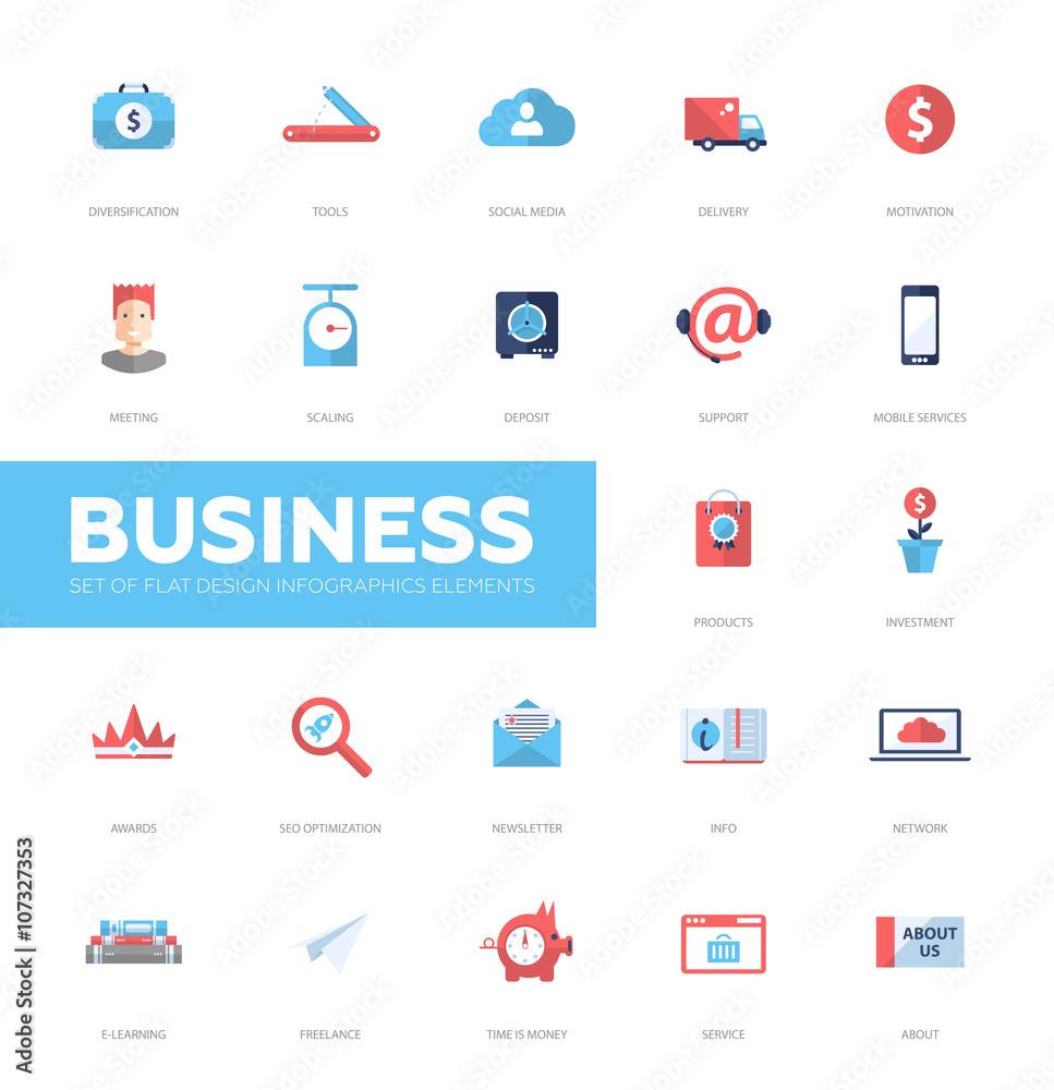 Business infographics flat design icons, web elements set Business infographics flat design icons, web elements set