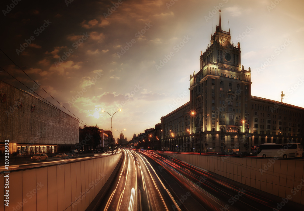 Sunset cityscape Moscow Mayakovskaya