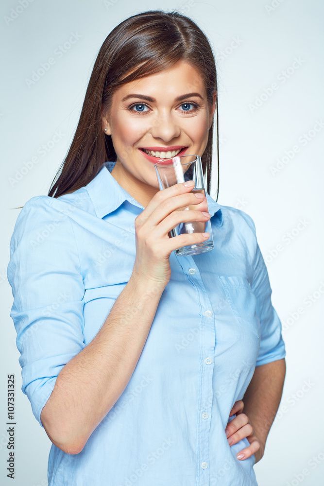 Smiling woman drink water. Isolated portrait. Smiling woman drink water. Isolated portrait.