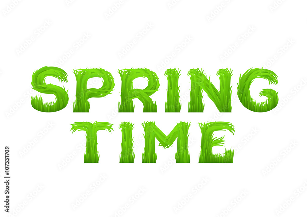 Spring time inscription made of grass isolated on white. Early spring green grass font. Spring time inscription made of grass isolated on white. Early spring green grass font.