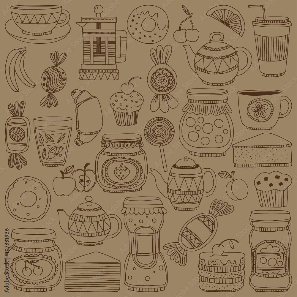 Set of coffee, tea, and food icons Doodle style