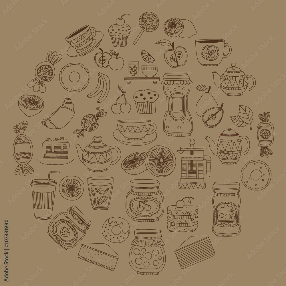 Set of coffee, tea, and food icons Doodle style