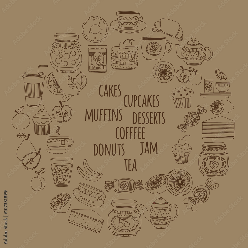 Set of coffee, tea, and food icons Doodle style