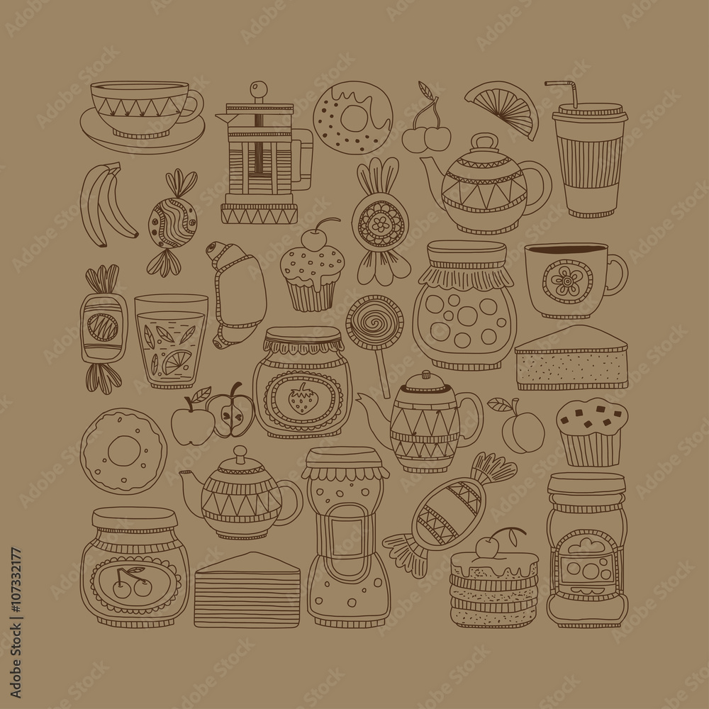 Set of coffee, tea, and food icons Doodle style