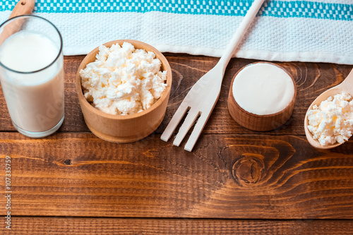 Natural homemade products: milk, cheese, sour cream and eggs on old wooden background with free space for your text