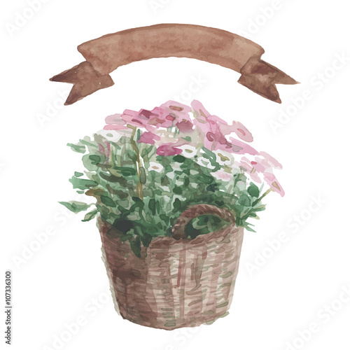 Pink flower in a flower pot, beige ribbon set on white background