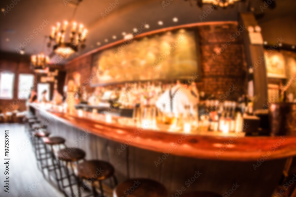 Defocused blur of cozy restaurant bar with fisheye effect.
