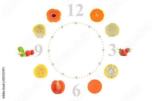 Fototapeta Naklejka Na Ścianę i Meble -  Fruit and vegetable clock on white background
