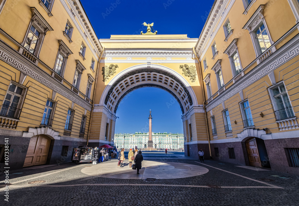 A view of Dvortsovaya square,Winter Palace and Alexander Column through the Arch of The General Staff Building