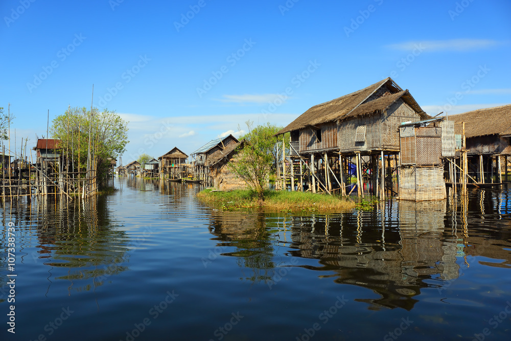 Stilted houses in village on Inle lake