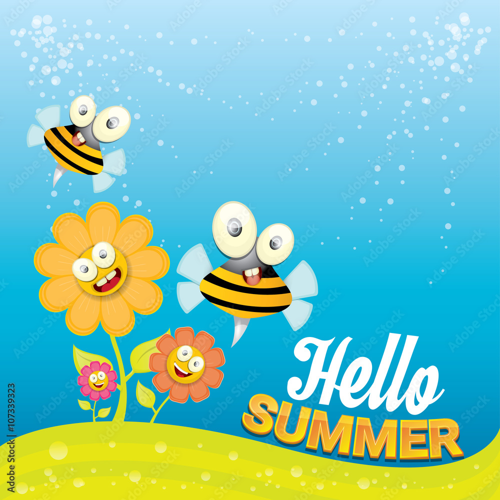 Fototapeta premium vector cartoon summer landscape with Honey bees 