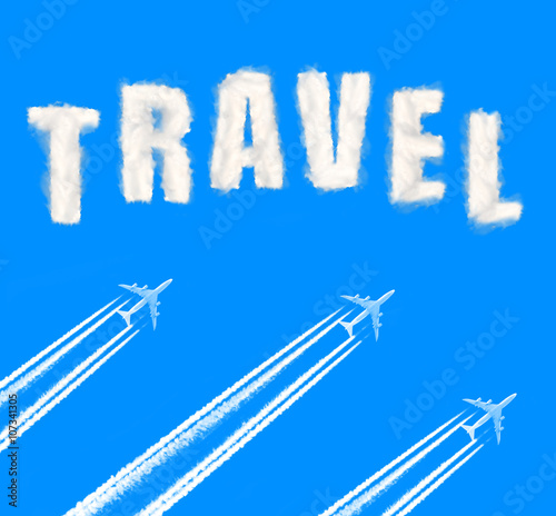 Flying airplanes on the blue sky. Travel concept.