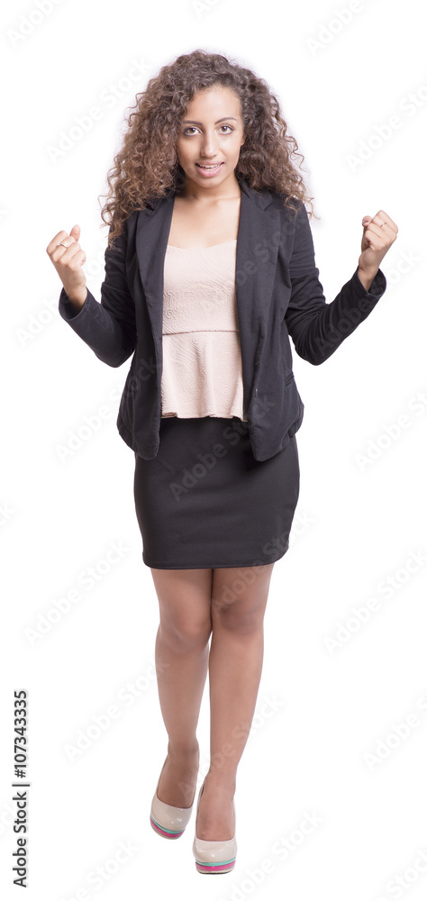 Young Curly Haired Businesswoman - Reacting happily Young Curly Haired Businesswoman - Reacting happily