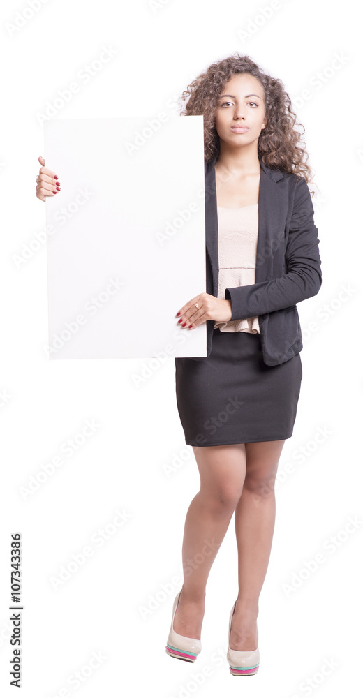 Young Curly Haired Businesswoman - Holding white vertical poster Young Curly Haired Businesswoman - Holding white vertical poster