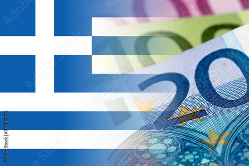 greece flag with euro banknotes