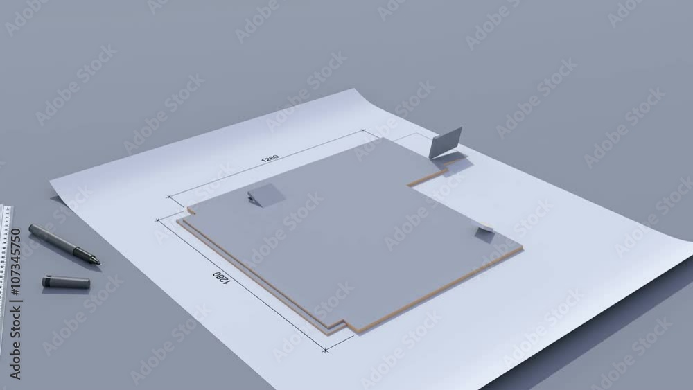 Building a house with a hip roof. Time-lapse 3d animation of house construction - from the blueprints to installation of the roof. Top view. 4K