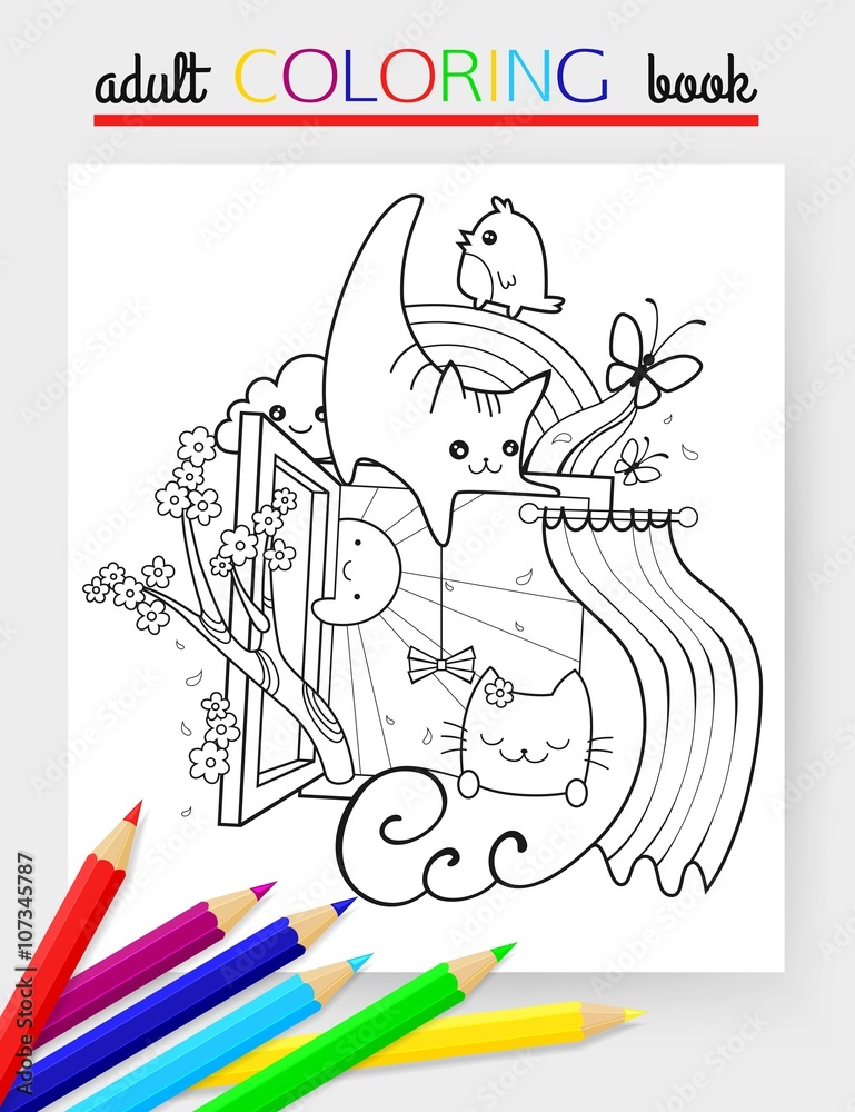 Obraz premium Spring hand drawn doodle vector illustration with two beloved cats, sunshine, butterfly, cherry, rainbow and flowers. Adult coloring book. Cheerful kitten. Vector illustration.