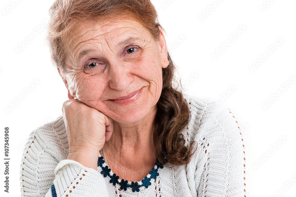 Portrait of a happy old woman on a white background Portrait of a happy old woman on a white background