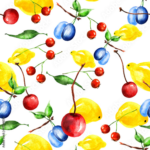 pattern lemon and berry, cherry watercolor