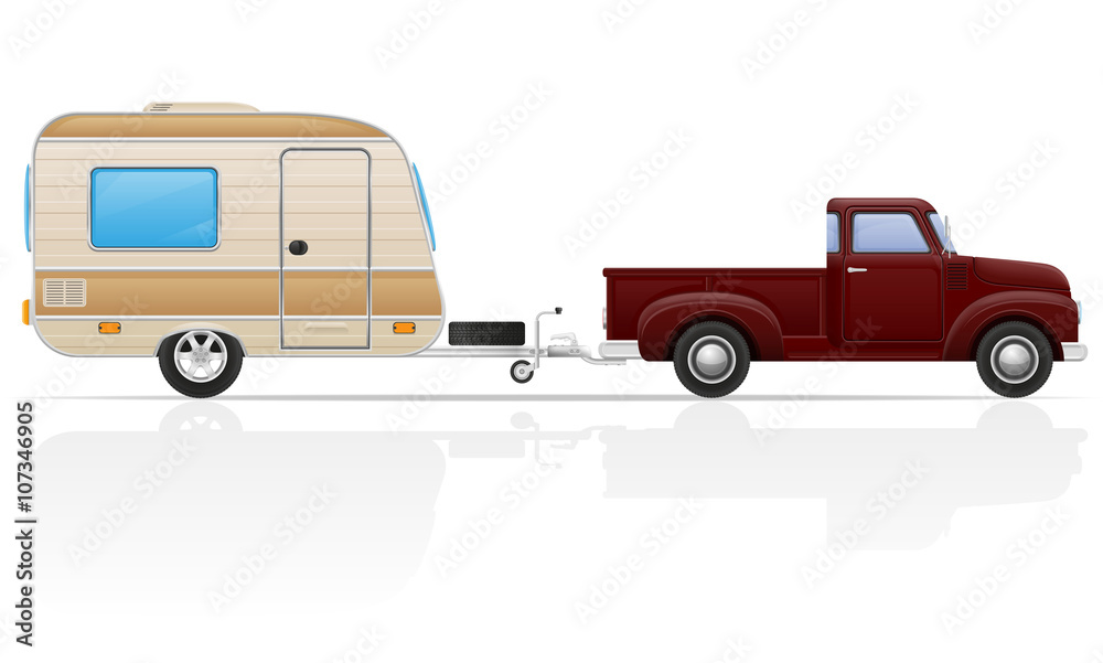 old retro car pickup with trailer vector illustration