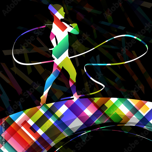 Dancing carnival woman with ribbon silhouette in abstract circus