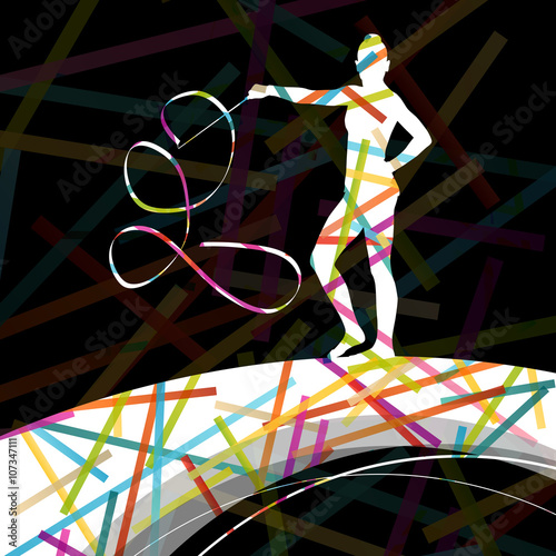 Dancing carnival woman with ribbon silhouette in abstract circus