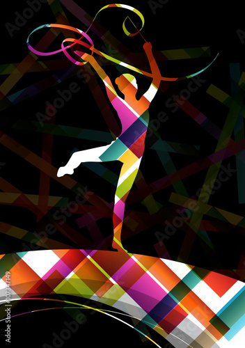 Dancing carnival woman with ribbon silhouette in abstract circus