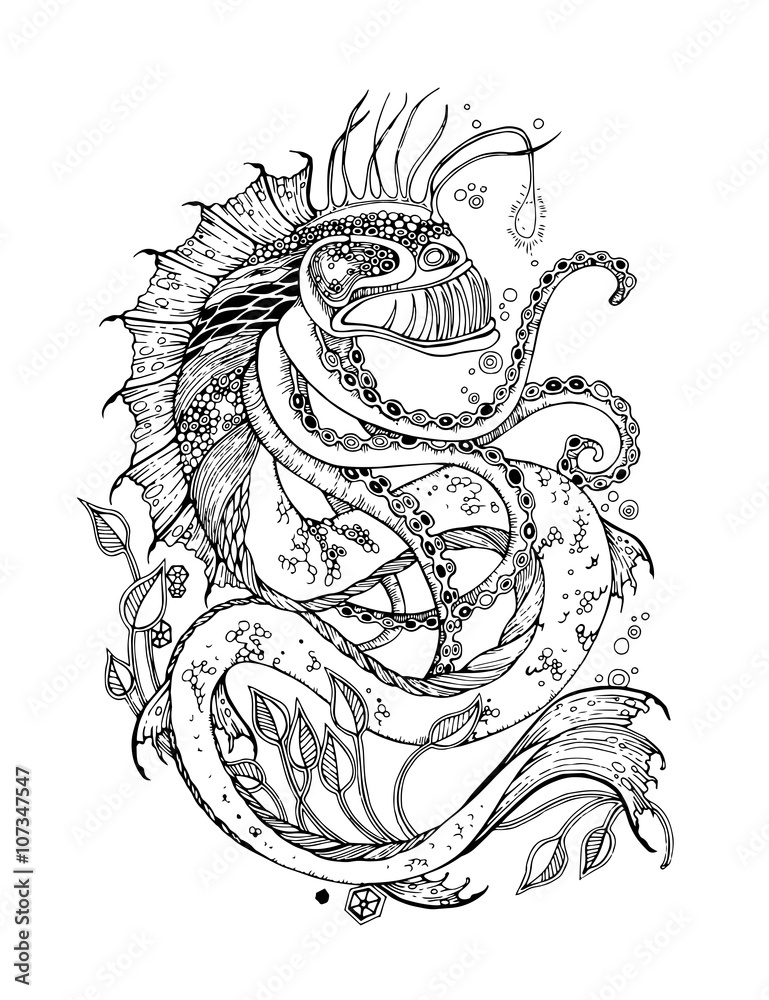 Vecteur Stock Angler fish tattoo. Sea monster tattoo. Adult Coloring Page  with sea monster. Sea monster vector. Sea monster isolated. Sea monster  cartoon. Sea monster design. Angler fish vector. | Adobe Stock