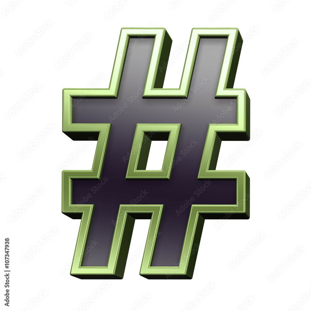 Obraz premium Number mark from black with green shiny frame alphabet set, isolated on white. 3D illustration.